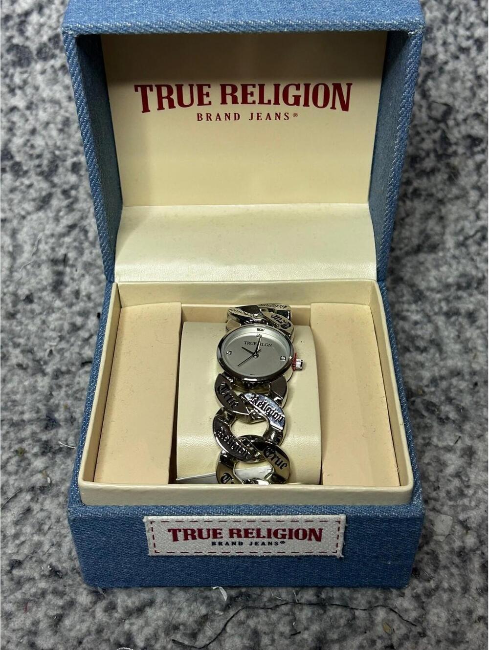 True Religion Women's Repeat Logo Silver link Chain Band Watch -Silver New